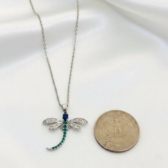 Dragonfly Insect Blue Green Clear CZ Silver Sparkly Fashion Pendant Necklace - Picture 6 of 8